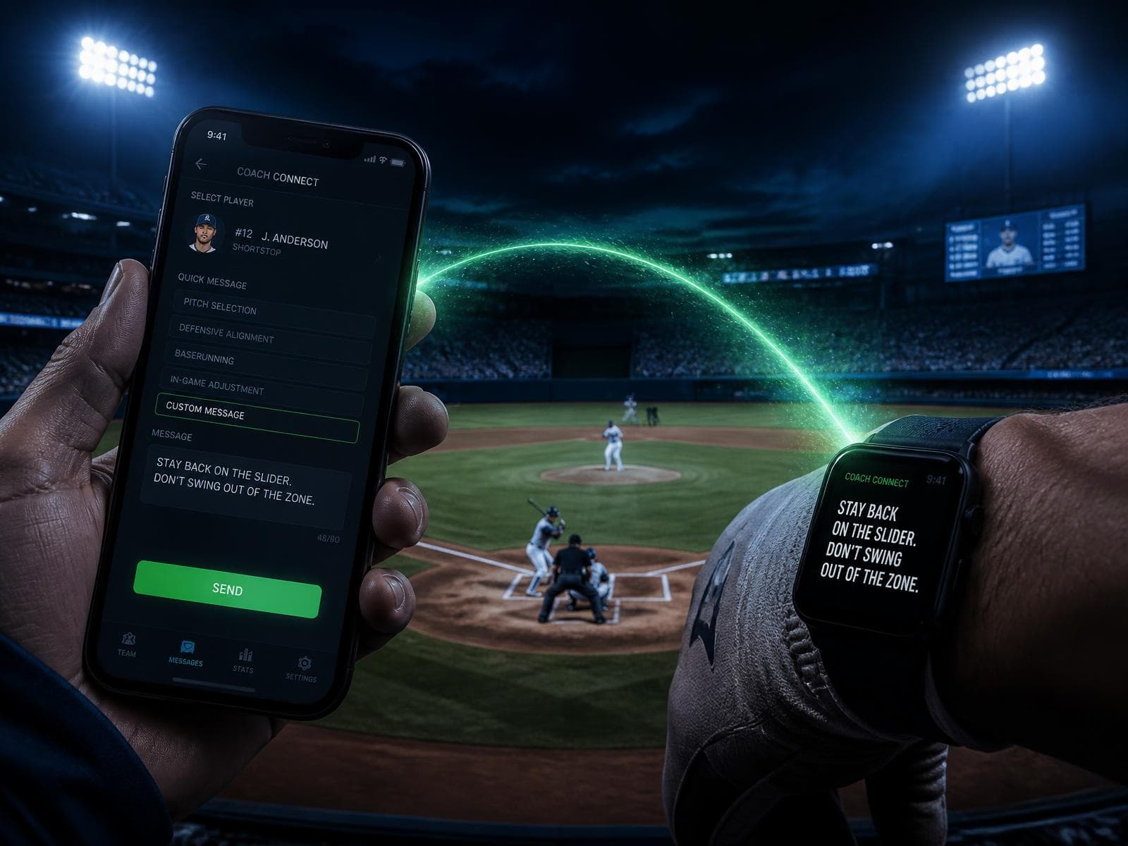 Coach's phone sending a play over a glowing green signal to a player's smartwatch above a floodlit baseball diamond at dusk